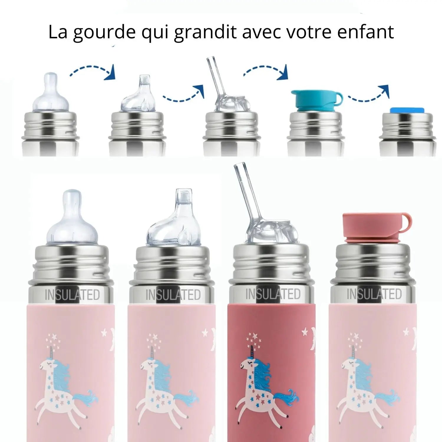 Gourde à paille Free Inox Isotherme 260ml Pura - Licorne 