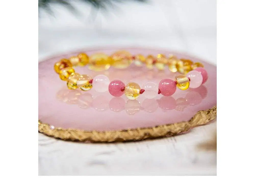 Bracelet pour enfant en ambre, quartz rose et calcédoine naturelles Irreversible Bijoux
