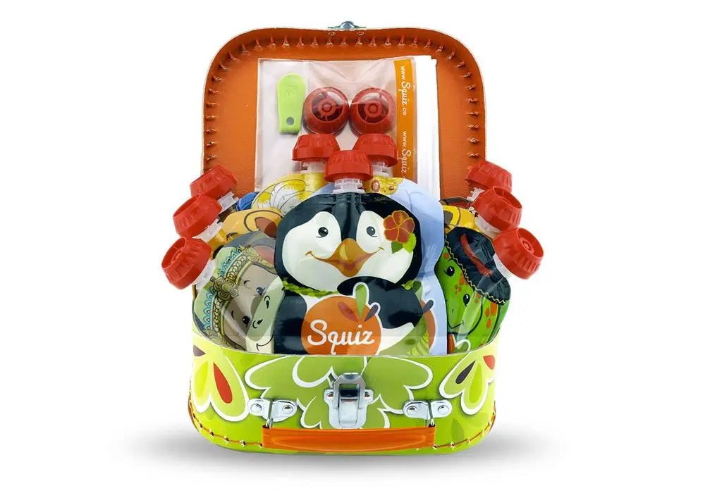 Valisette coffret cadeau Squiz Carnaval avec 9 gourdes de compotes réutilisables et 5 accessoires zéro déchet